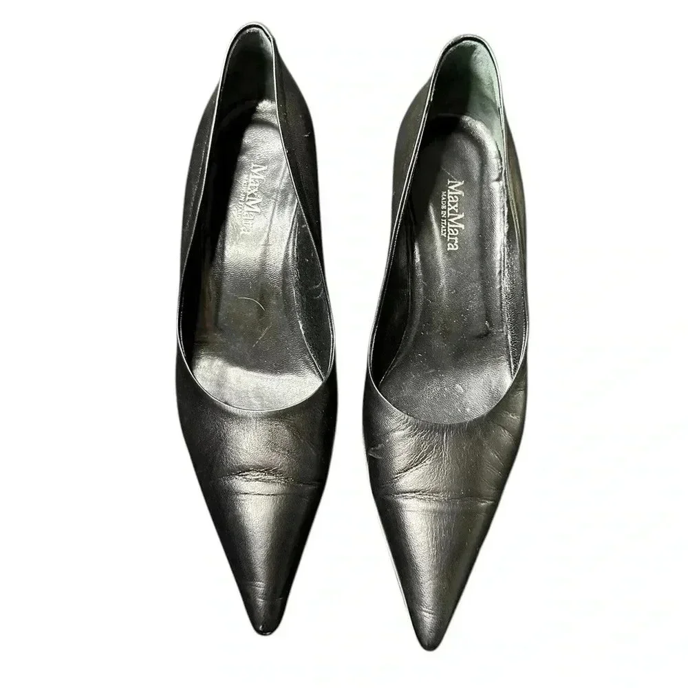 MaxMara Black Leather Kitten Heels Women's Shoes - Picture 2 of 6